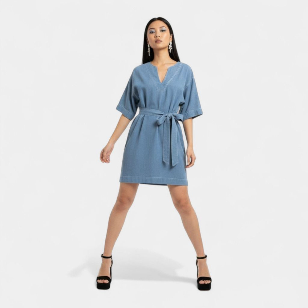 FRNCH Blue Belted Pocketed Dress - Medium/Large
